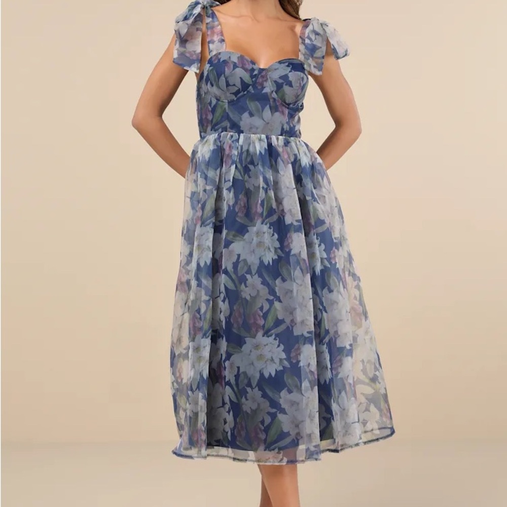 Lulu's Blue Floral Midi Dress with Puff Tie Straps